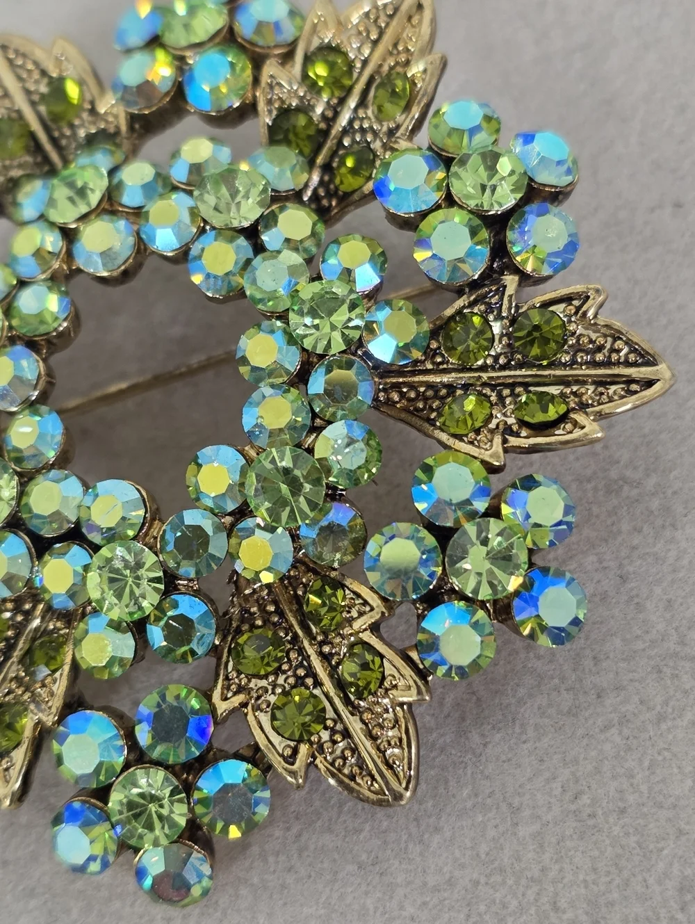 Vintage Gold Tone Lime Green AB Crystal Wreath Brooch Pin Floral Leaf Statement